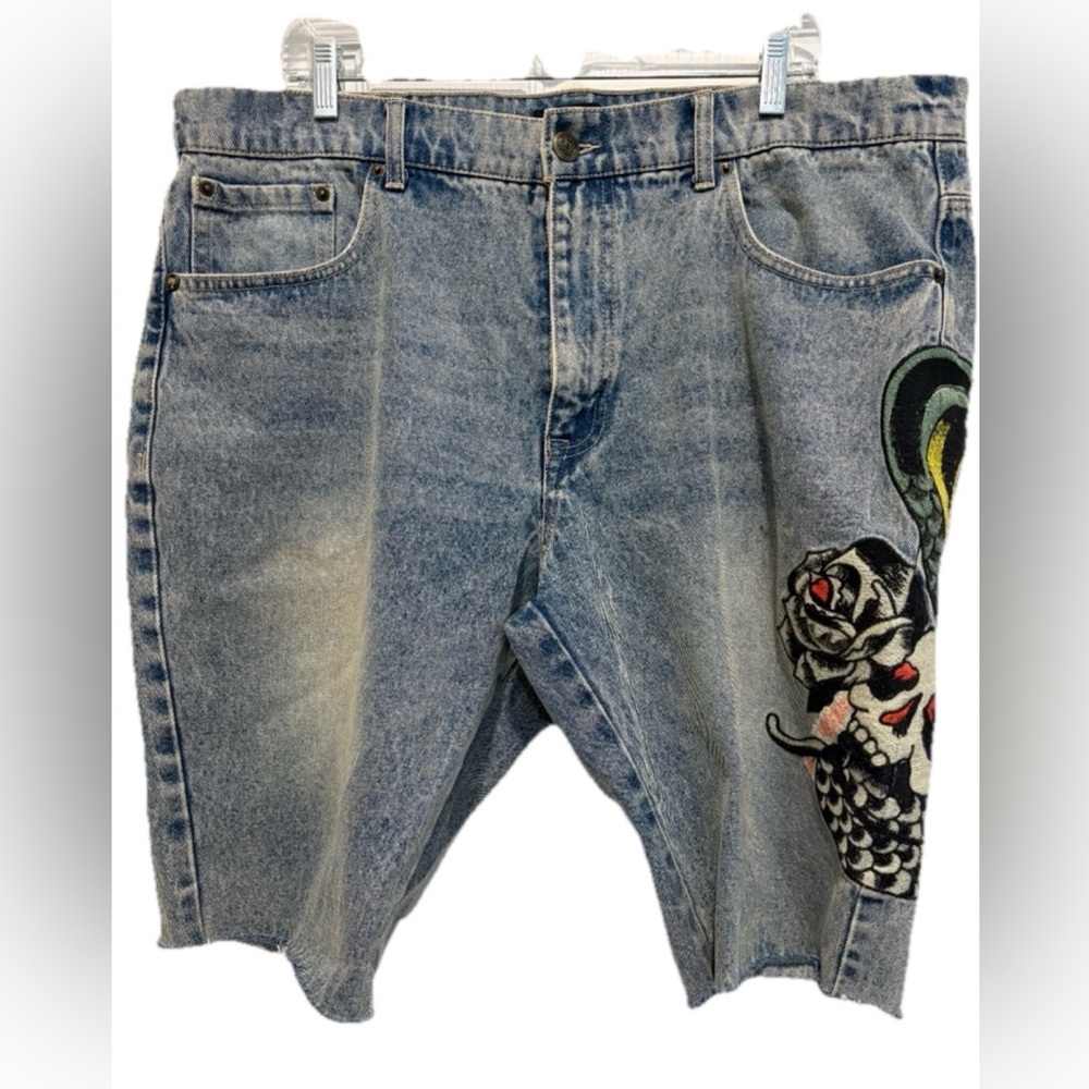 Ed Hardy Blue Relaxed Jeans with Distressed Details Skull and‎ Snake Print Sz 38